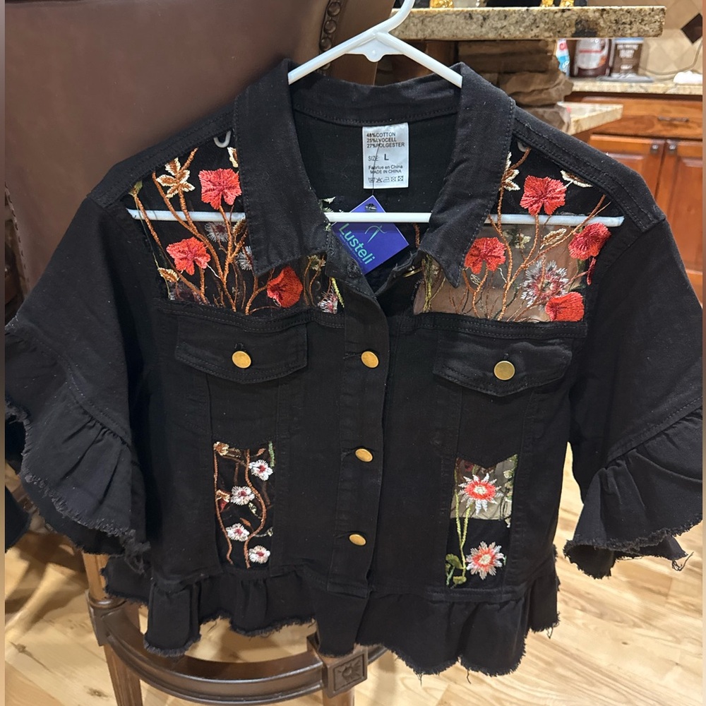 LUSTELI  Black Denim Jacket with Red Floral Embroidery. ONE OF A KIND, HANDMADE